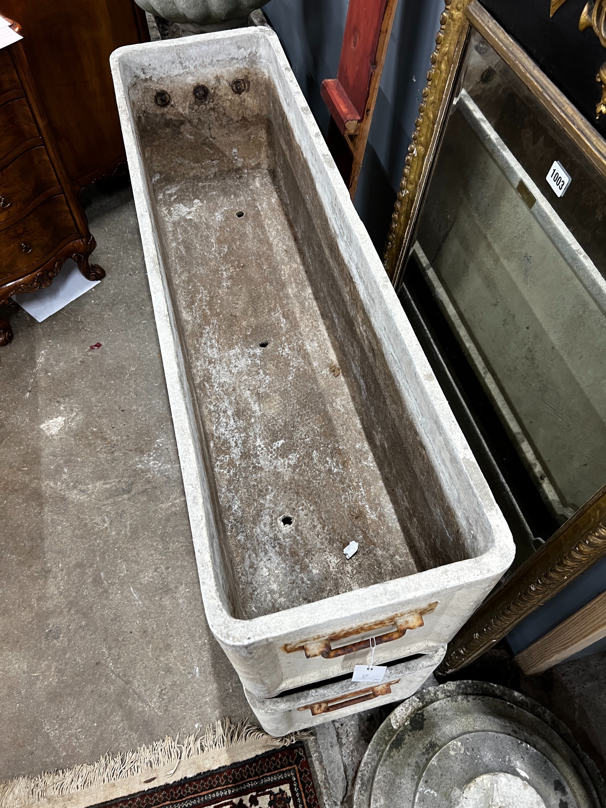 A pair of rectangular French garden planters, width 105cm, depth 30cm, height 36cm, *Please note the sale commences at 9am.